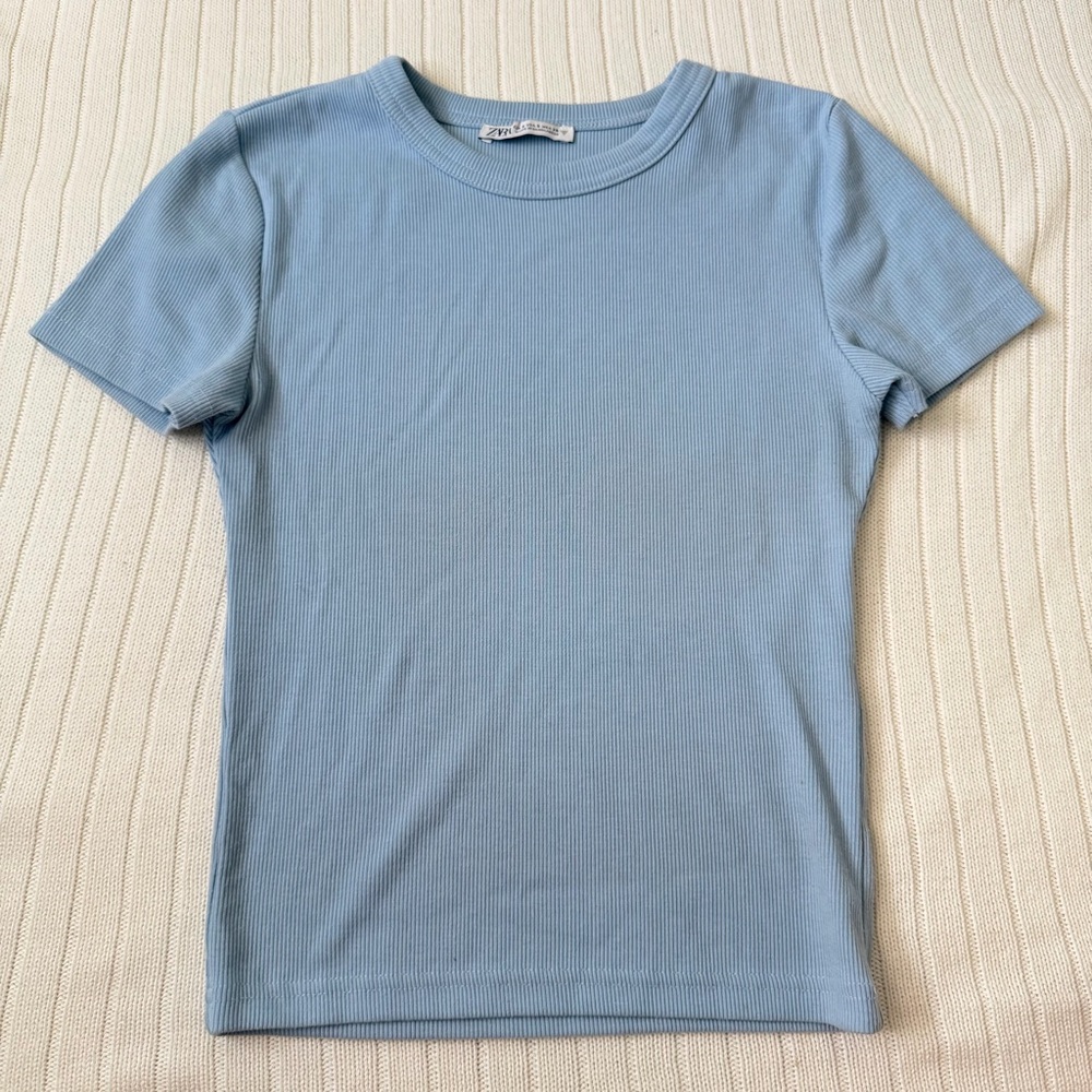 Zara Ribbed Crewneck Shirt Light Blue